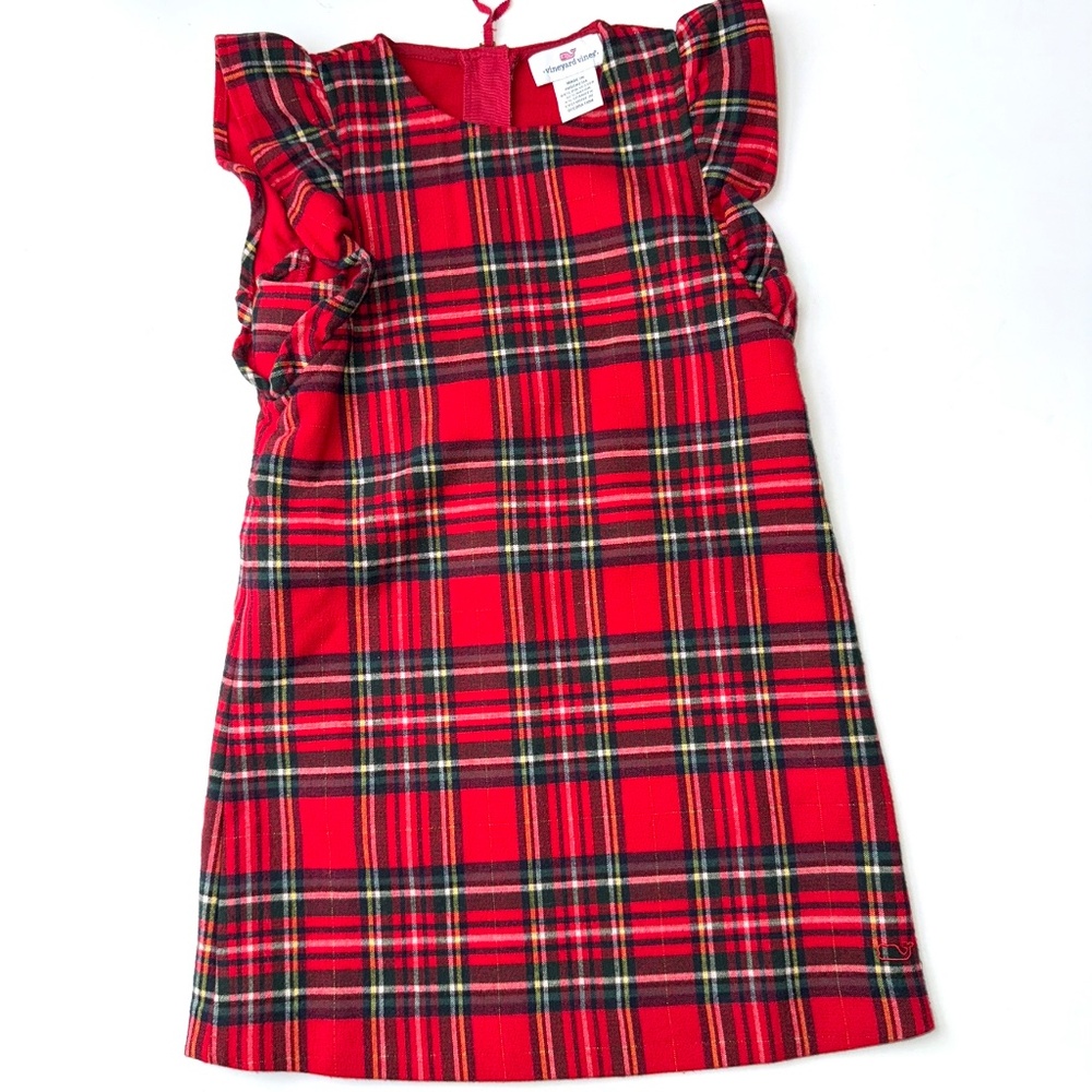 VINEYARD VINES Girls 4T Red Plaid Flannel Short Sleeve Ruffled Holiday Dress H9